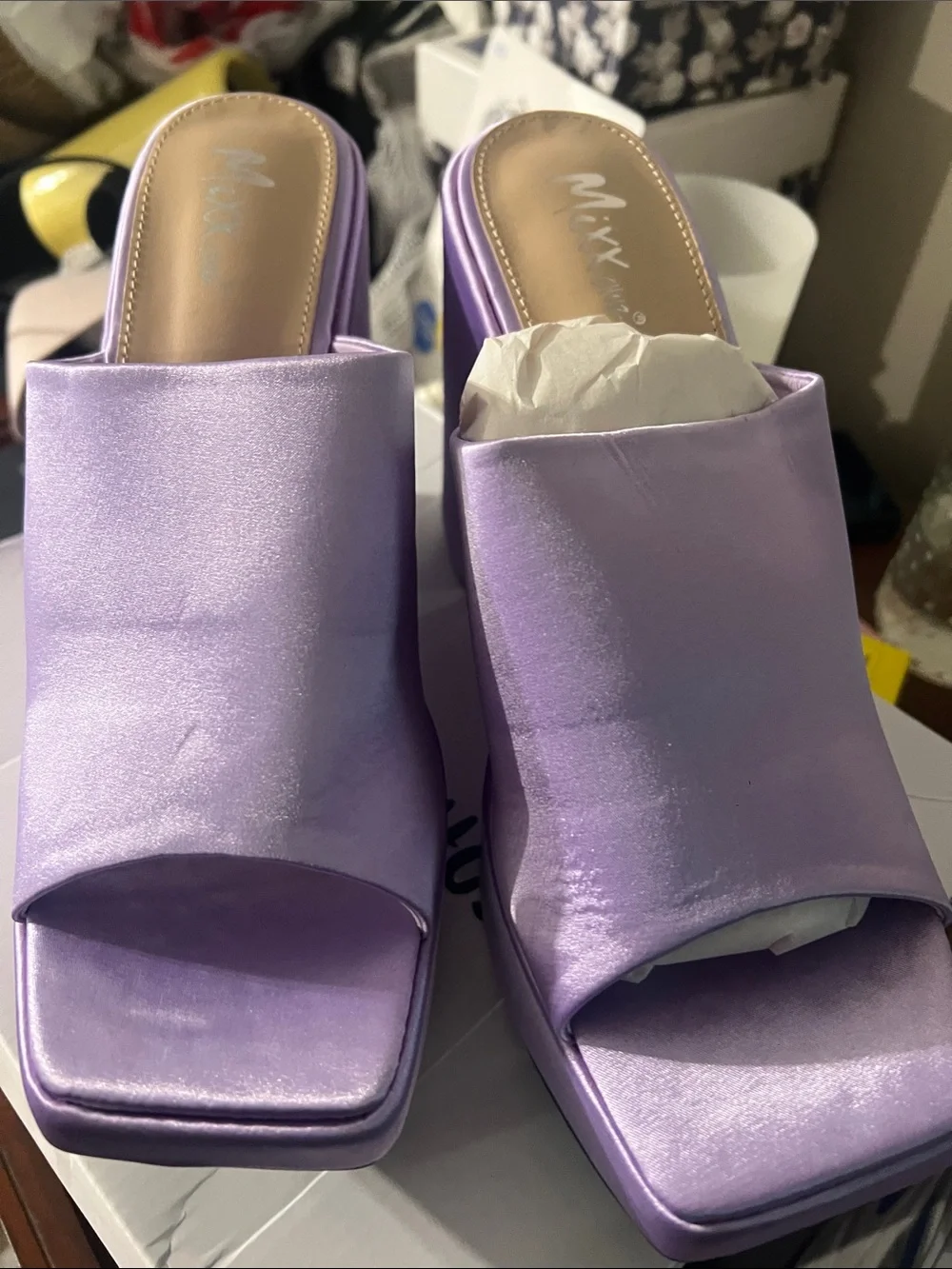 Mixx Shuz Lilac Satin Platform Wedge Mules